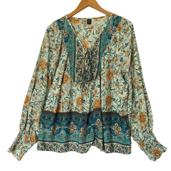 Cottagecore Floral Long Sleeve Lace-Up Blouse Size XL Boho Fall Indie Style - Picture 2 of 14